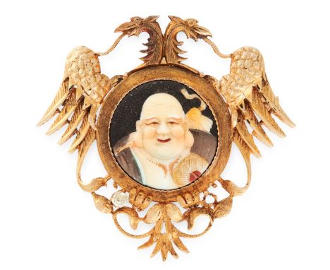 A CERAMIC AND DIAMOND PORTRAIT MINIATURE BROOCH, JAPANESE in yellow gold, in open framework design, set with phoenix motifs, 