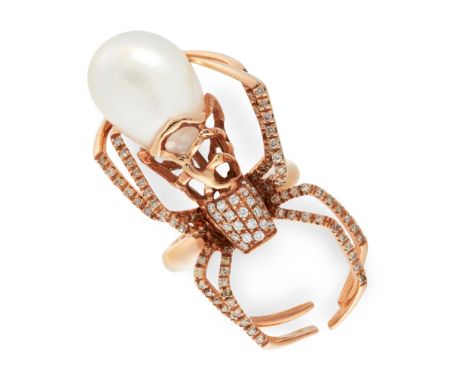 A SOUTH SEA PEARL AND DIAMOND SPIDER RING in 18ct rose gold, designed as a spider, the head and legs set with round cut diamo