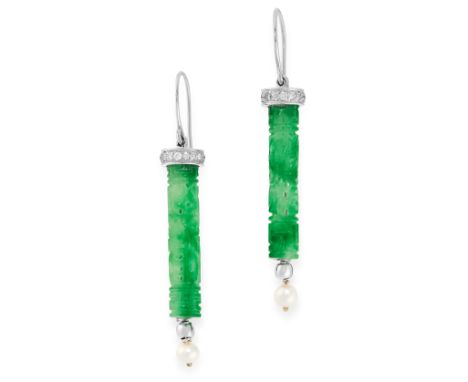 A PAIR OF JADEITE JADE, DIAMOND AND PEARL DROP EARRINGS in 18ct white gold, comprising of a carved baton of jadeite set with 