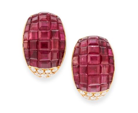 A PAIR OF RUBY AND DIAMOND EARRINGS, in yellow gold, in tapering design, set with mystery set step cut rubies totalling appro