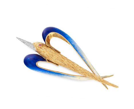 AN ENAMEL, DIAMOND AND RUBY FLYING FISH BROOCH, ITALIAN in 18ct yellow gold, the textured gold body set with a round cut ruby