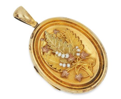 AN ANTIQUE PEARL MOURNING LOCKET in foliate design set with seed pearls, 5.5cm, 17.7g. 
