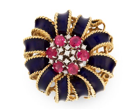 A RUBY, DIAMOND AND ENAMEL RING the heightened face is decorated in ribbon form, set with blue enamel and a central cluster f