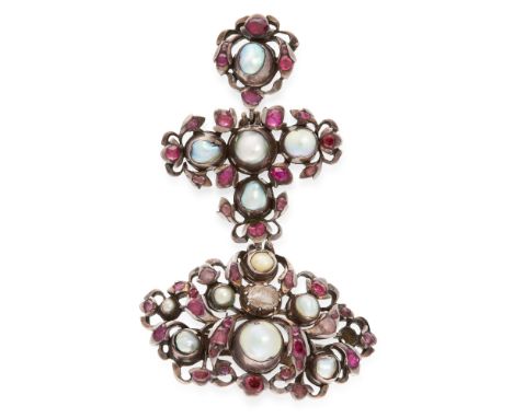 AN ANTIQUE PEARL AND RUBY GIRANDOLE BROOCH suspending a cross, set with grey pearls and oval and fancy cut rubies, unmarked, 