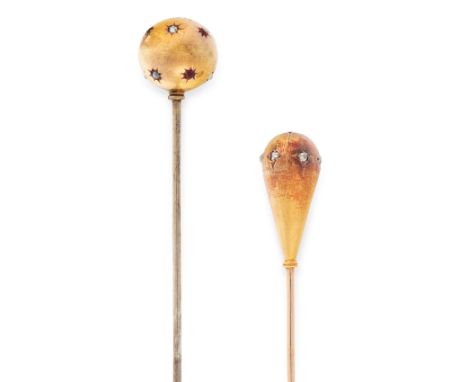 A PAIR OF DIAMOND AND PEARL AND RUBY HAT PINS one set with a sphere, jewelled with round cut rubies and pearls, the other or 