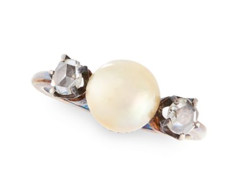 AN ANTIQUE NATURAL PEARL AND DIAMOND THREE STONE RING set with a natural pearl of 7.68mm between two rose cut diamonds, unmar