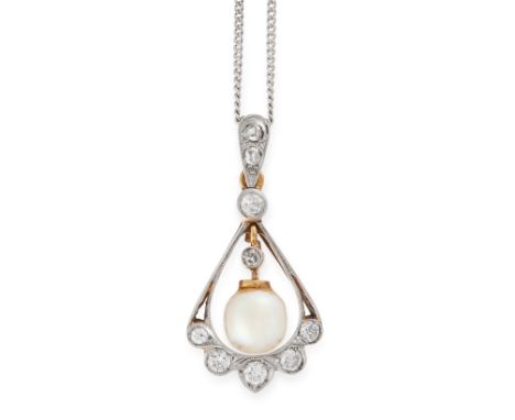 A PEARL AND DIAMOND PENDANT NECKLACE in 18ct white gold, in fan design, jewelled with round cut diamonds and a central pearl,