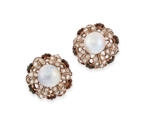 A PAIR OF PEARL AND DIAMOND CLIP EARRINGS, BUCCELLATI in gold, each set with a grey pearl and rose cut diamonds, signed Bucce