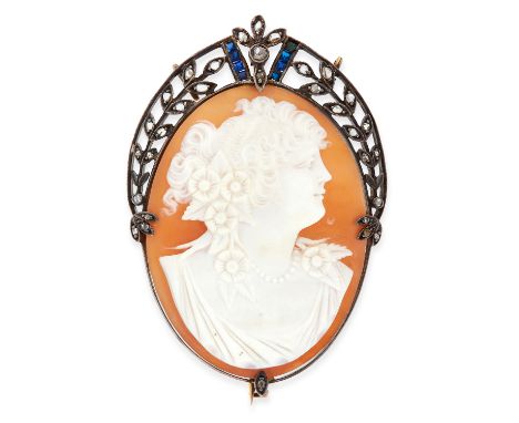 AN ANTIQUE DIAMOND AND SAPPHIRE CAMEO BROOCH comprising of a lady with flowers in her hair, in a foliate border set with rose