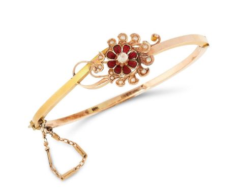 AN ANTIQUE DIAMOND, PEARL AND ENAMEL BANGLE in yellow gold, comprising of a flower jewelled with an old cut diamond in red en