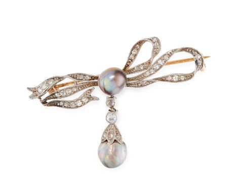 A BLACK PEARL AND DIAMOND BOW BROOCH designed as a bow, set with a black pearl, rose cut diamonds and a black pearl drop, unm