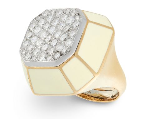 A DIAMOND AND ENAMEL RING, DAVID WEBB in octagonal design, set with cream enamel and a central panel of round cut diamonds to