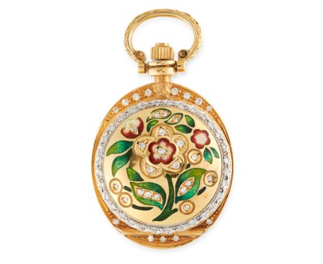 A DIAMOND AND ENAMEL POCKET WATCH, LONGINES in yellow gold, the round face jewelled with enamel flowers and round cut diamond