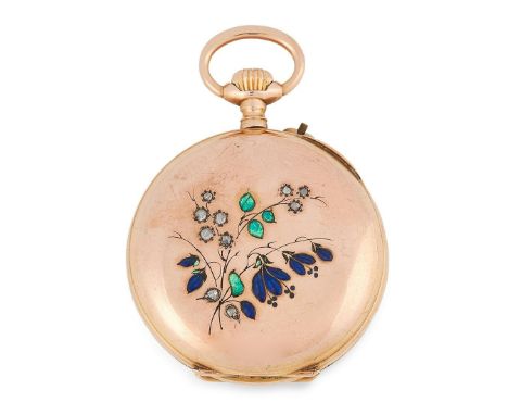 AN ANTIQUE ENAMEL AND DIAMOND POCKET WATCH in 18ct yellow gold, set with rose cut diamonds and blue and green enamel, 4.5cm, 