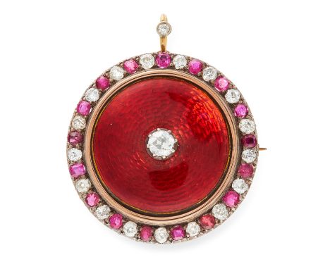 AN ANTIQUE ENAMEL, RUBY AND DIAMOND BROOCH in yellow gold and silver, in circular design, set with a central old cut diamond 