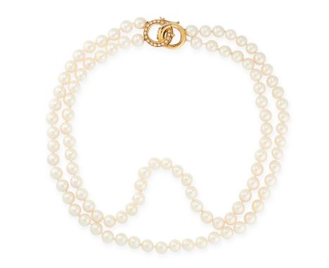 A TWO ROW PEARL AND DIAMOND NECKLACE in 18ct yellow gold, comprising of two rows of pearls, set with a clasp designed as two 