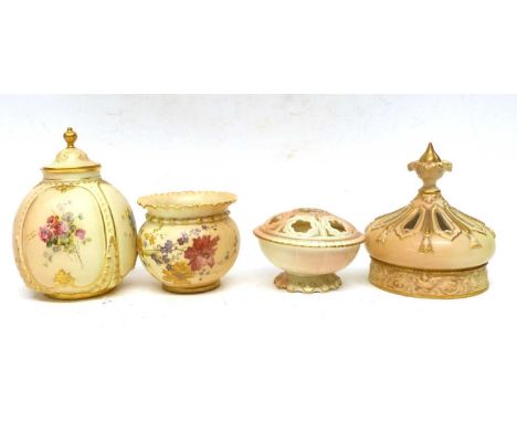 Quantity of Royal Worcester blush wares including reticulated vase cover, bowl and cover, further small bowl and further jar 