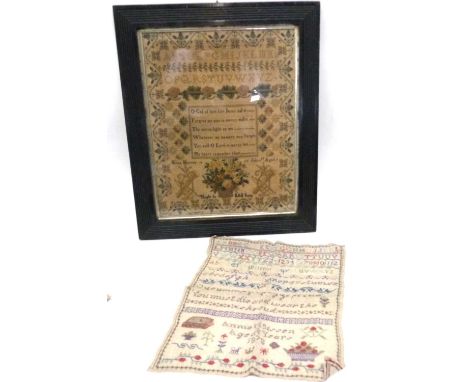 A Victorian sampler in wooden frame worked by Eliza Harvey July 1850 together with unframed example dated 187844cmx34cmsome w