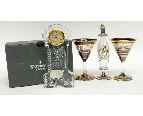 A Waterford crystal model of a grandfather clock together with a scent bottle in Art Nouveau style and two Bohemian style gla