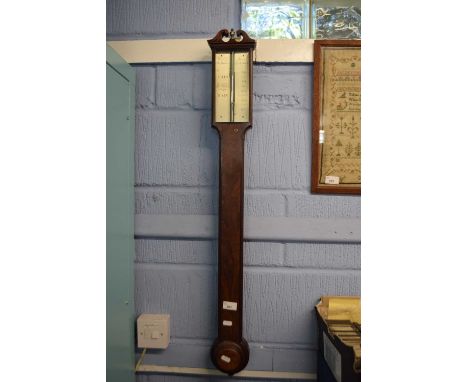 W &amp; S Jones, Holborn, London, 19th century mahogany stick barometer with broken arch pediment, brass urn finial and a str