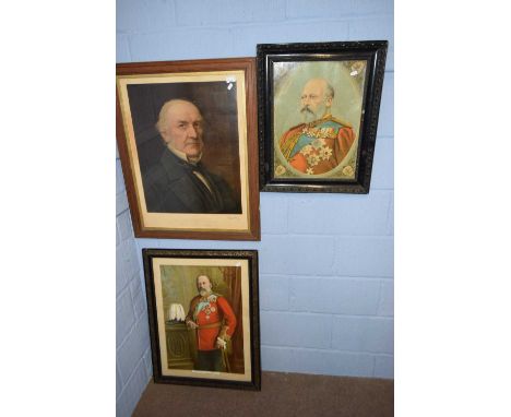 Group of three framed prints including print of Gladstone, signed to the mount, print of Edward VII and further royalty (3 in