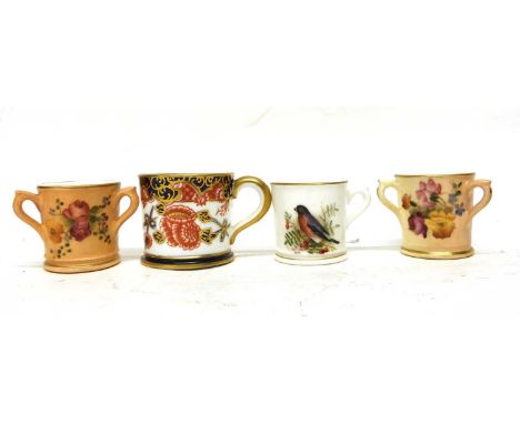 Group of miniature wares including Royal Crown Derby mug, Worcester tig, further Worcester miniature decorated with a bird an