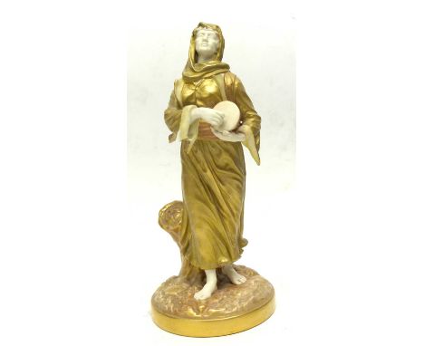 An early 20th century Royal Worcester figure of a musician modeeld in gilt as a lady with drum. Puce mark to base and number 