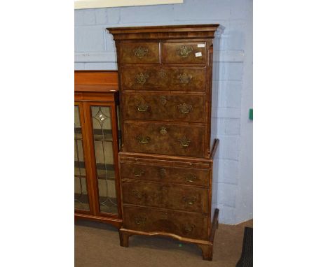 18th Century style walnut veneered chest on chest of small proportions, the top section with two short and three long drawers