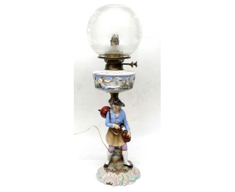 Ceramic oil lamp with a continental figure in a mison style and ceramic reservoir with a figure of Neptune (cracked), duplex 