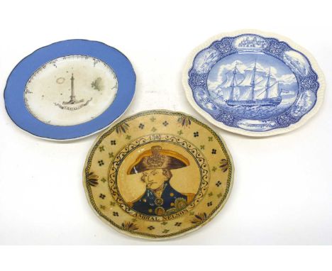 Nelson commemorative plate together with a spode Nelson plate and a 19th Century porcelain plate with a model of Trafalgar Co