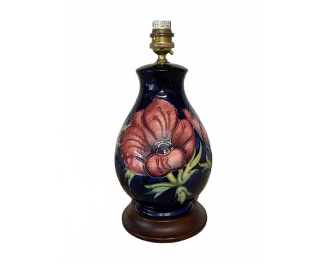 Moorcroft Anenome pattern baluster form table lamp on blue ground, H22.5cm excluding fitting