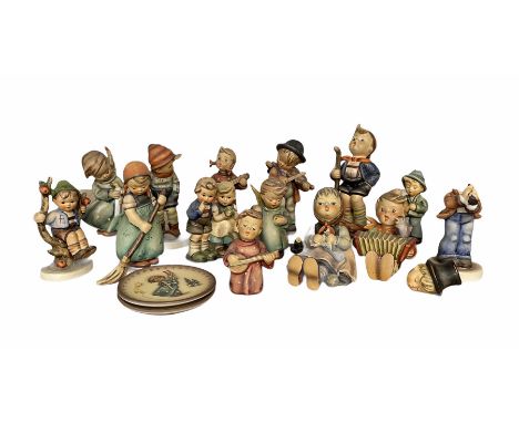 Collection of Hummel figures including Apple Tree Boy, Heart and Soul, Little Hiker, Happy Pastime etc and two Hummel plates 