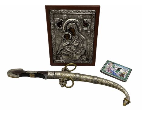 Arab jambiya in white metal sheath, Eastern design enamel cigarette case and an Orthodox Icon in white metal frame