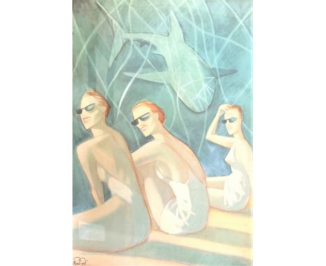 After Fernando Vicente (Spanish 1963-): 'Ladies and Shark', Art-Deco lithograph poster published by Mama Graf c.1980, 97cm x 
