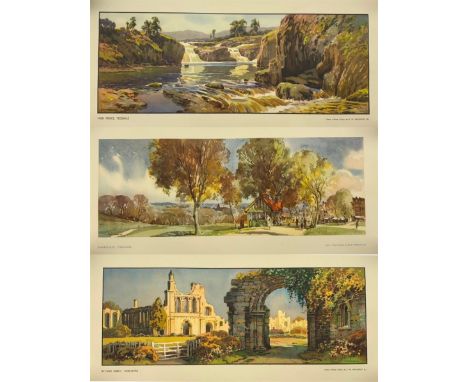 Three unframed carriage prints from the LNER post-war series, 1945-57 comprising Byland Abbey, Yorkshire and High Force, Tees