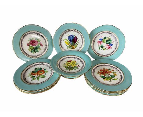 Late Victorian Coalport design dessert service individually painted with a centre panel of flowers within a pale blue border 
