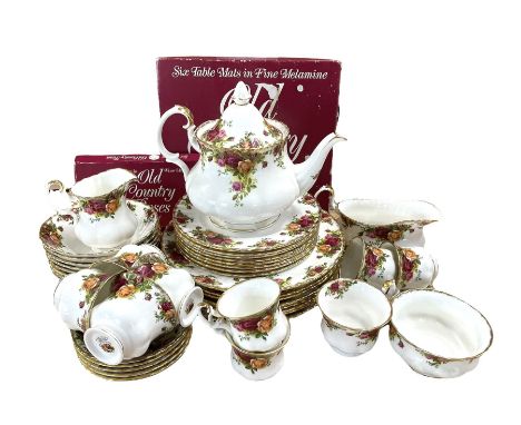 Royal Albert Old Country Roses dinner and tea service comprising eight dinner plates, eight side plates, teapot, five teacups