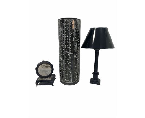 Ebonised wooden column table lamp, a tall ceramic umbrella stand with incised decoration H81cm and two hardwood hardwood vase