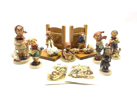 Collection of Hummel figures to include 'March Winds', 'Feeding Time', 'Be Patient', 'Bashful', pair of bookends (one a/f) an