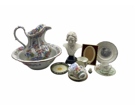 Mason's Chantilly pattern ewer and basin, 19th century plate printed in grey with 'Hop Pickers' pattern, early 19th century D