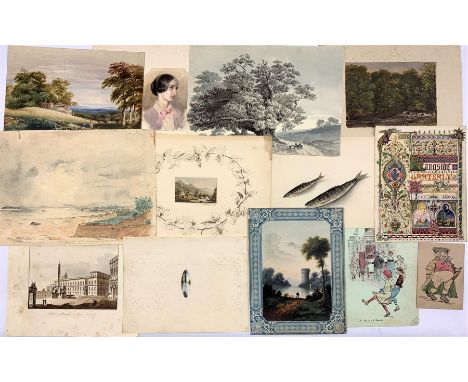 H Ferraby (British 19th century): Lake Fishing and Miniature Landscape, watercolours and oil signed and dated 1837 together w