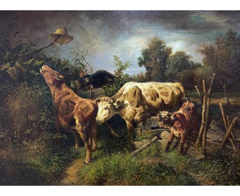 English School (19/20th century): Cows on the Loose, oil on panel unsigned 29cm x 39cm