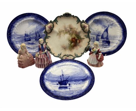 Three Royal Crown Derby blue and white plates decorated with sailing boats Pattern 4613, Hadley's Worcester plate painted wit