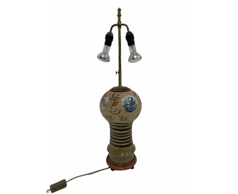 20th century Chinese twin-branch earthenware table lamp with hand-painted roundels on hardwood base, H76cm