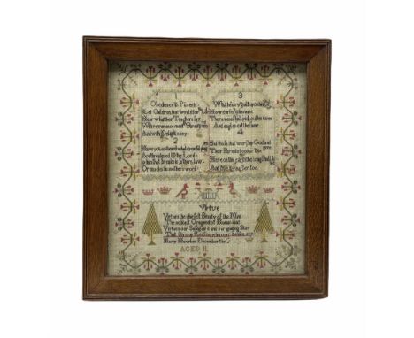 19th century needlework sampler with Virtue and other verse, birds and trees etc by Mary Hawkes aged 11 35cm x 33cm