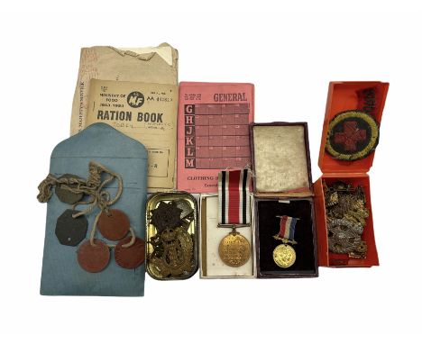 George VI Special Constabulary Long Service medal to R B Tobey in box of issue, various military badges, dog tags, ration boo