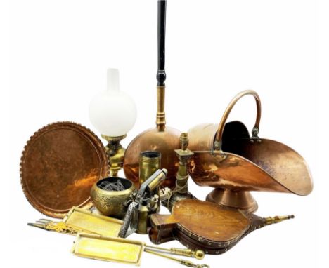 19th century copper coal helmet, warming pan, brass oil lamp and other metalware
