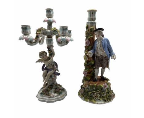 19th century Sitzendorf candlestick with a male figure and applied flowers H37cm, originally a candelabrum, and a Sitzendorf 