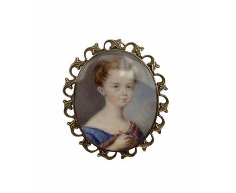 19th century miniature oval head and shoulders portrait of a girl holding a pen in gilt frame 5.5cm x 4cm