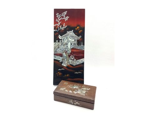 Early 20th century mahogany box, the inlaid mother-of-pearl cover decorated with Frogs   amidst flowers and leafage, L22cm to